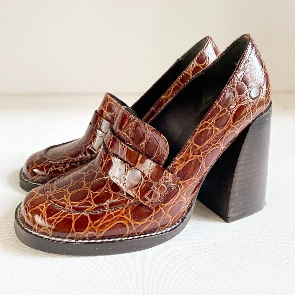 L'Intervalle Brown Croc Print Leather Chunky Heel Loafers 36